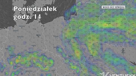 Opady deszczu i potencjalny rozwój burz zaznaczony kropkami, w ciągu najbliższych pięciu dni (Ventusky.com)