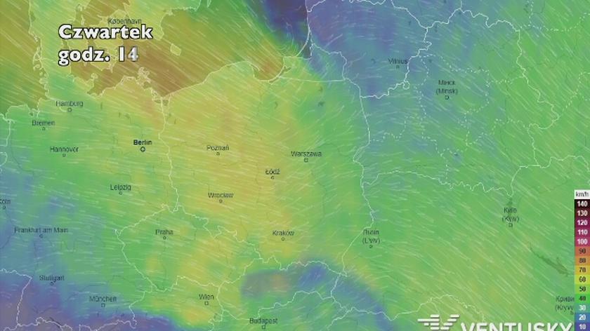 Prognozowane porywy wiatru na najbliższe dni (Ventusky.com) | wideo bez dźwięku