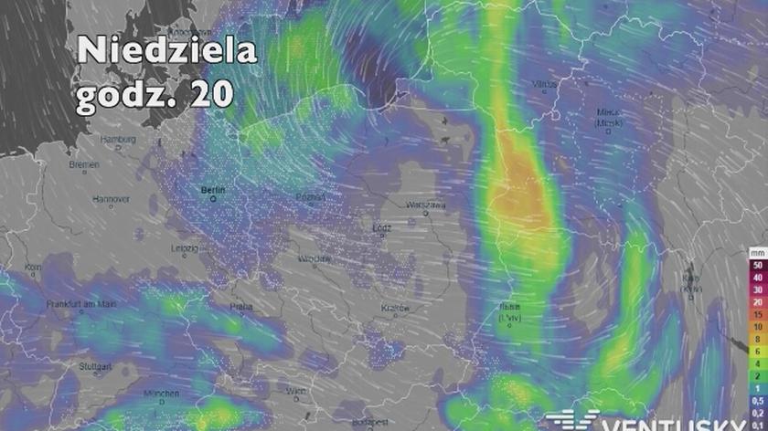 Prognoza opadów na najbliższe godziny (Ventusky.com)