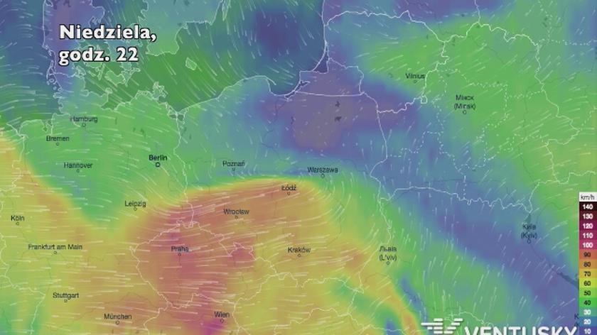 Prognozowane porywy wiatru w najbliższych godzinach (Ventusky.com) | wideo bez dźwięku