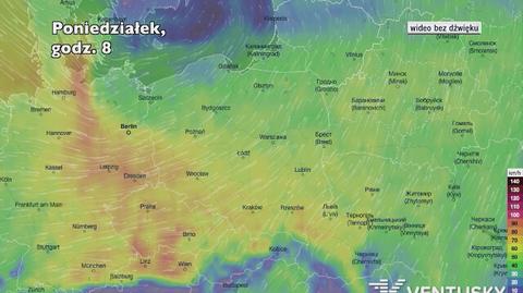 Prognozowane porywy wiatru w najbliższych godzinach (Ventusky.com)