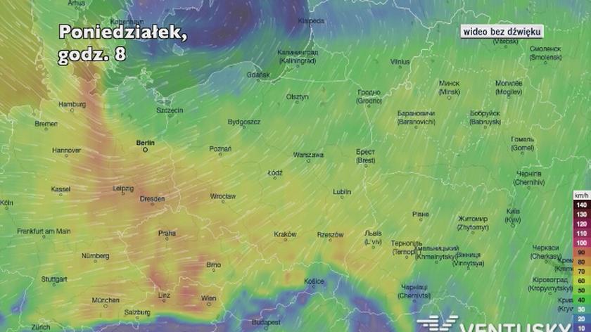Prognozowane porywy wiatru w najbliższych godzinach (Ventusky.com)