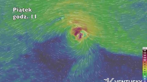 Prognozowana trasa i prędkość porywów wiatru huraganu Lane (ventusky.com | wideo bez dźwięku)