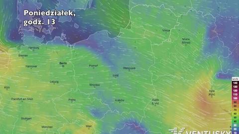 Prognozowane porywy wiatru w najbliższych godzinach (Ventusky.com) | wideo bez dźwięku