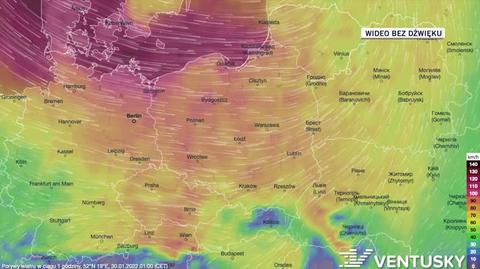 Prognozowane porywy wiatru w dniach 30.01-03.02