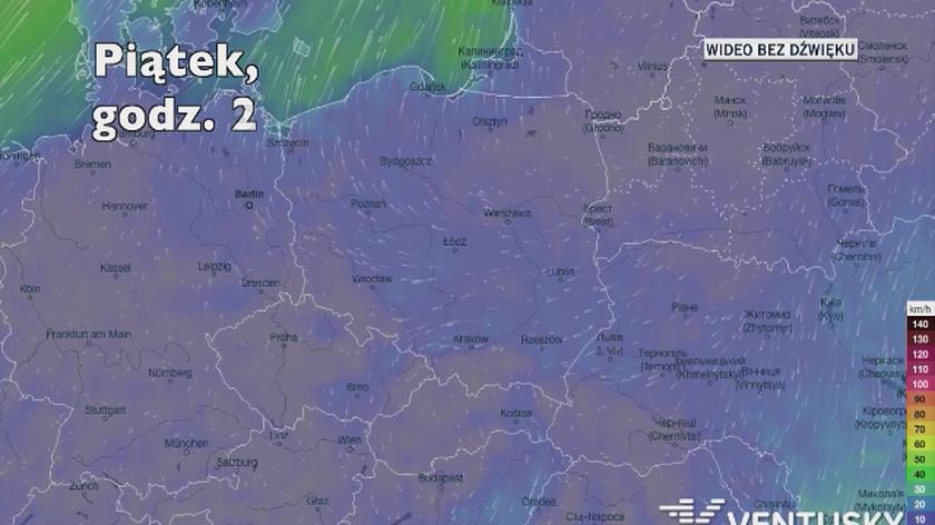 Potencjalne porywy wiatru w kolejnych dniach (Ventusky.com | wideo bez dźwięku)