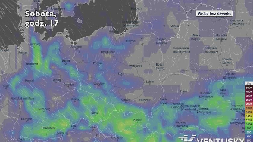 Potencjalne miejsca rozwoju burz w najbliższych dniach (Ventusky.com)