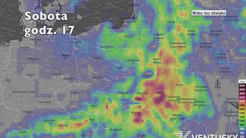 Potencjalne miejsca rozwoju burz w najbliższych dniach (Ventusky.com)