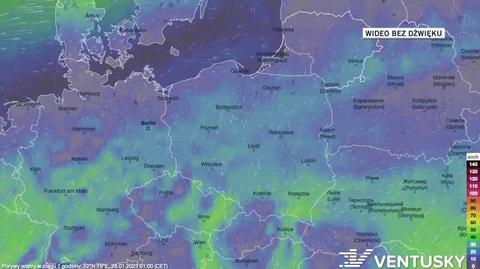 Prognozowane porywy wiatru w dniach 28.01-2.01