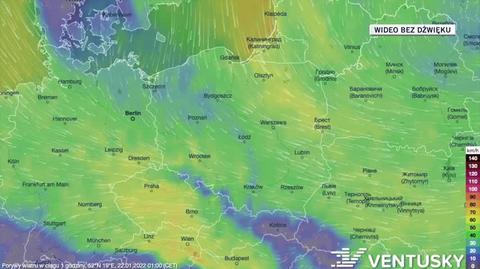 Prognozowane porywy wiatru 22.01-26.01