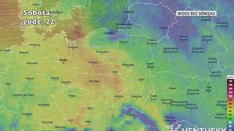 Prognozowane porywy wiatru w najbliższych dniach (Ventusky.com)