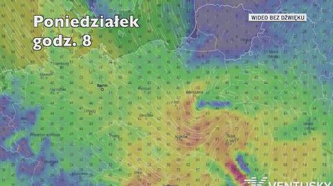 Prognozowane porywy wiatru w najbliższych dniach (Ventusky.com)