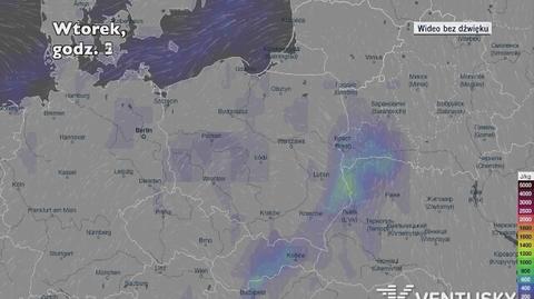 Potencjalny rozwój burz w ciągu najbliższych godzin (Ventusky.com)