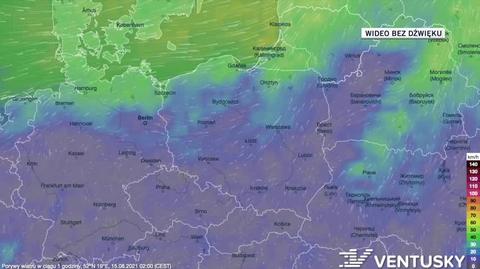 Prognozowane porywy wiatru w ciągu kolejnych dni (Ventusky)