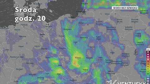 Prognozowane opady w najbliższych godzinach (Ventusky.com)