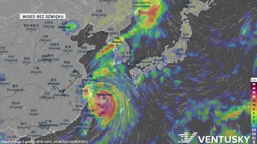 Prognozowane opady na trasie przejścia tajfunu Hinnamnor