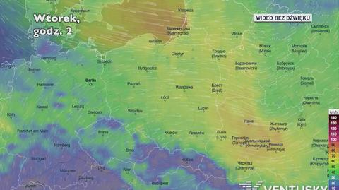 Prognozowane porywy wiatru w ciągu najbliższych dni (Ventusky.com)