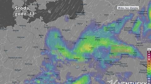 Prognozowane opady deszczu w najbliższych godzinach (Ventusky.com)