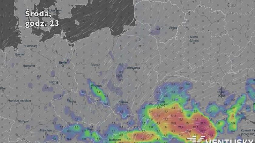 Rozwój opadów deszczu w ciągu najbliższych pięciu dni (Ventusky.com) | wideo bez dźwięku
