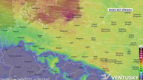 Prognozowane porywy wiatru w dniach 14-18.01