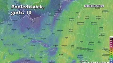 Prognozowane porywy wiatru w kolejnych pięciu dni (Ventusky.com)