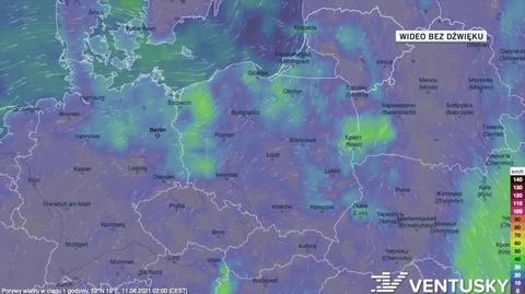 Prognozowane porywy wiatru w ciągu kolejnych dni (Ventusky)