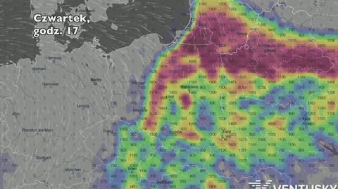 Możliwe miejsca wystąpienia burz w czwartek (Ventusky.com)