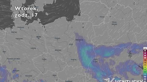 Prognozowane opady deszczu we wtorek (Ventusky.com) (wideo bez dźwięku)