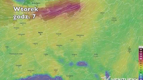 Prędkość porywów wiatru w kolejnych pięciu dniach (Ventusky.com) (wideo bez dźwięku)