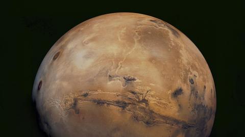 Fioletowy kolor przedstawia zorze na nocnej stronie Marsa, wykryte przez instrument ultrafioletowy MAVEN. Im jaśniejszy kolor, tym silniejsze zorze