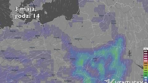 Potencjalne burze w pierwszych dniach majowego weekendu (Ventusky.com | wideo bez dźwięku)