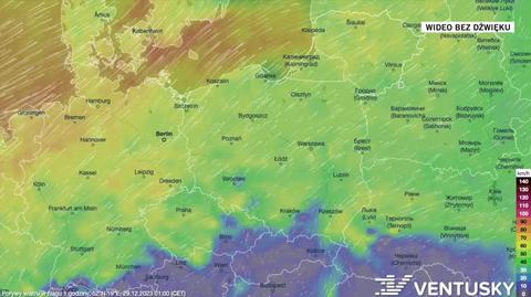 Prognozowane porywy wiatru w dniach 29.12-02.01