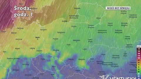 Prognozowane porywy wiatru w kolejnych pięciu dniach (Ventusky.com)