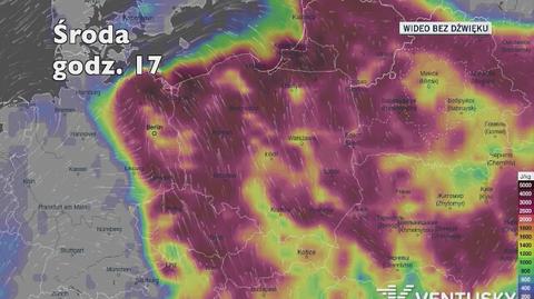 Potencjalny rozwój burz w ciągu najbliższych godzin (Ventusky.com)