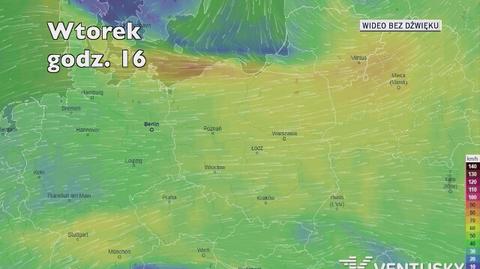 Prognozowane porywy wiatru w najbliższych dniach (Ventusky.com)