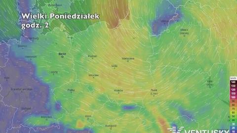 Prędkość porywów wiatru w najbliższych dniach (ventusky.com)