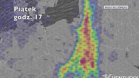 Potencjalne miejsce wystąpienia burz w piątek (Ventusky.com)