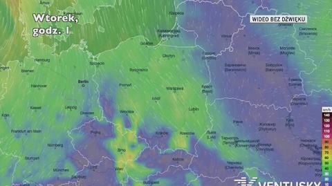 Prognozowane porywy wiatru w ciągu najbliższych dni (Ventusky.com)