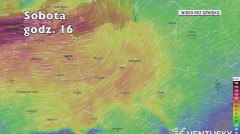 Prognozowane porywy wiatru w najbliższych dniach (Ventusky.com)