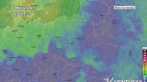 Prognozowana prędkość porywów wiatru w kolejnych pięciu dniach (Ventusky.com)