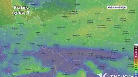 Prognozowane porywy wiatru w najbliższych dniach (Ventusky.com)