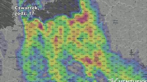Potencjalny obszar rozwoju burz w czwartek (Ventusky.com)
