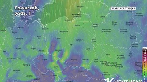 Prognozowane porywy wiatru w ciągu najbliższych dni (Ventusky.com)