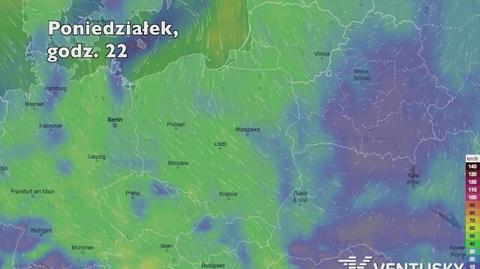 Prognozowane porywy wiatru w najbliższych dniach (Ventusky.com) | wideo bez dźwięku