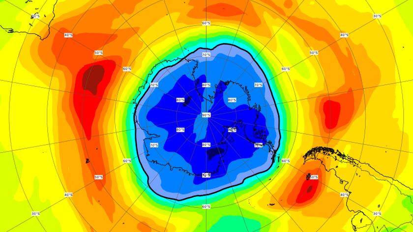 Animacja powstawania dziury ozonowej nad Antarktydą, okres do 30 sierpnia 2021