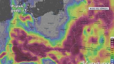 Potencjalny rozwój burz w ciągu najbliższych godzin (Ventusky.com)