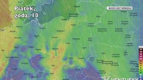 Prognozowane porywy wiatru w kolejnych dniach (Ventusky.com)