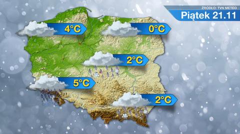 Opady deszczu ze śniegiem prognozowane są na piątek