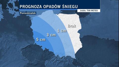 Prognoza pogody i opadów śniegu na poniedziałek (TVN24)