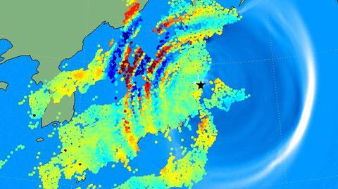 Ruch sygnałów GPS i fal tsunami 11 marca 2011 r. (NASA)